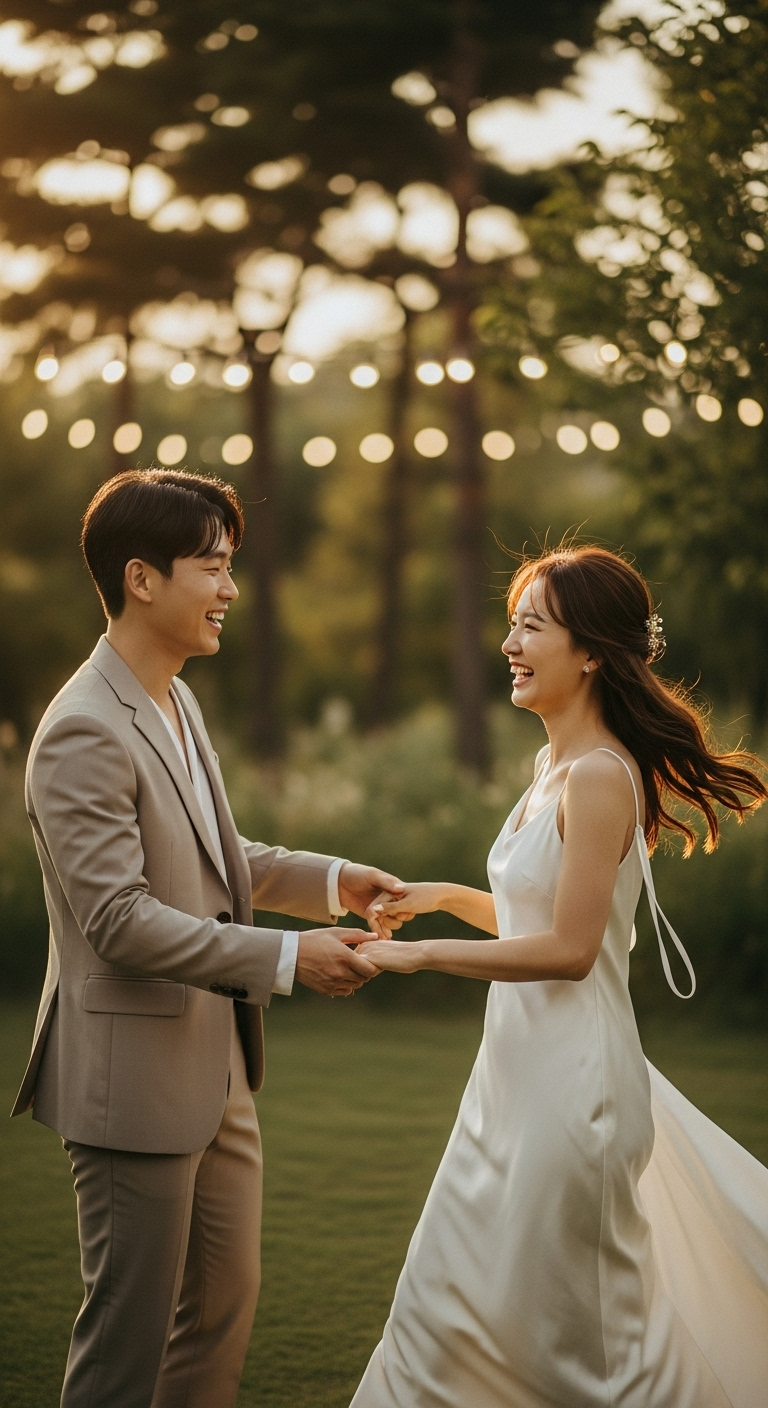 노을빛 정원에서 손을 맞잡고 웃는 신랑 신부